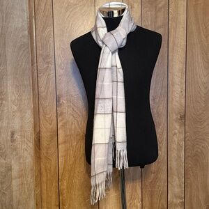 James Pringle Weavers Natural Box Check Pattern Fringe Scarf Unisex 100% Wool